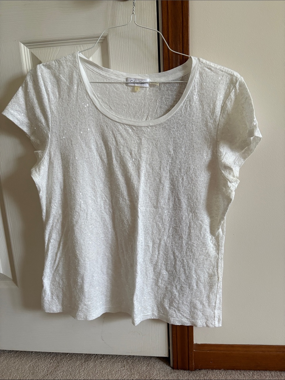 Calvin Klein White Sequin Scoop Neck Short Sleeve Tee with Sparkle
